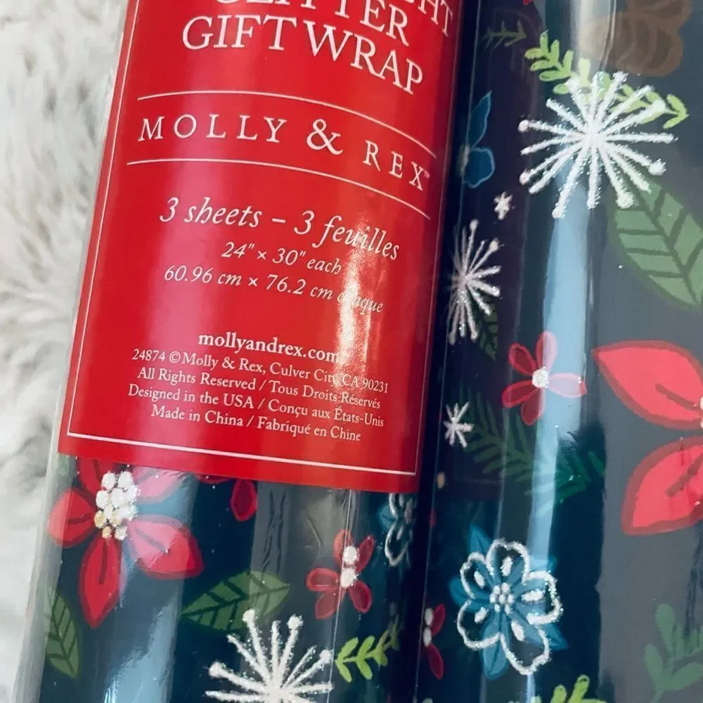 Christmas Floral Botanical Print Glitter Gift Wrap Wrapping Paper Roll